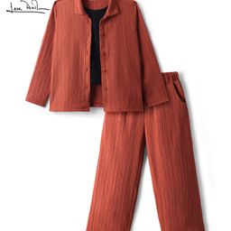 Arias Knit Full Sleeves Relaxed Fit Shirt & Flared Pant Set With Rib Top - Rust Orange-image-64