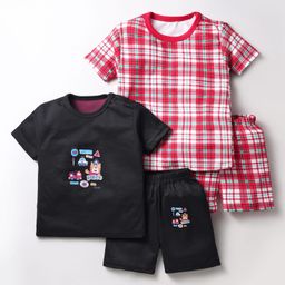 Kidi Wav Cotton Pack Of 2 Half Sleeves Checked & Vehicles Printed Tees With Coordinating Shorts Set - Multi Colour-image-70