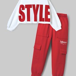 OLLINGTON ST. Cotton Knit Full Sleeve Top WIth Style Text Print & Joggers - White & Red-picture-17