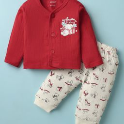 CUCUMBER Sinker Knit Full Sleeves Night Suit with Bear Print - Red-image-6