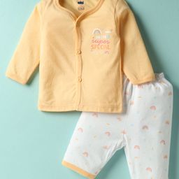 Simply Sinker Knit Full Sleeves Front Open Text & Rainbow Printed Night Suit - Orange-picture-17