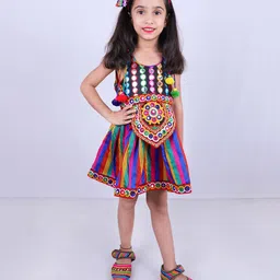 Aglare Cotton Woven Navratri Theme Sleeveless Threadwork Embroidered & Mirror Work Detailed Dress - Black-picture-1