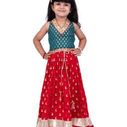 Twisha Brocade Woven Sleeveless Floral Foil Printed Choli & Lehenga Set - Rama Green & Red-picture-15