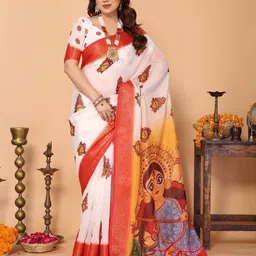 ALMAARI FASHION Ethnic Motifs Printed Pure Linen Handloom Saree-picture-1