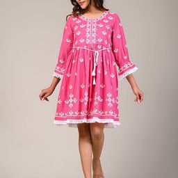 Zolo Label Women Floral Embroidered Bell Sleeve Cotton Fit & Flare Dress-image-51
