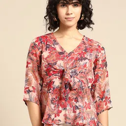 WoowZerz Floral Print Twisted Chiffon Peplum Top-5