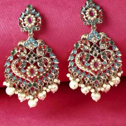 OOMPH Moti Manik Jadau Peacock Shape Dangler Earrings-47