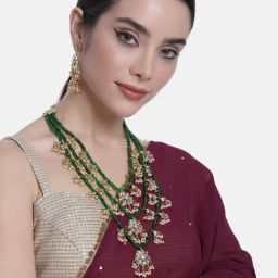 Peora Gold-Plated Kundan Pearl Floral Layered Long Necklace with Earrings Set-image-48