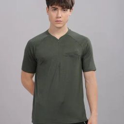 DOMIN8 Olive Solid Short Sleeves Tshirt-image-7