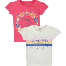 Plum Tree Kids Pink & White Cotton Floral Print T-Shirts-image-81