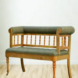 Artisan Furniture Brown Herringbone Printed Tweed Deep Button Hallway Bench Oak-ish Finish-image-67