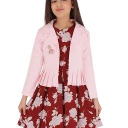 Cutecumber Kids Maroon & Pink Floral Print Full Sleeves Dress with Shrug-picture-5