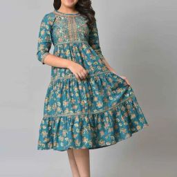Aurelia Kids Teal Blue Floral Print Dress-image-67