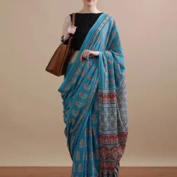 Jaipur Kurti Sky Blue Mulmul Cotton Regular Fit Print Saree-image-7