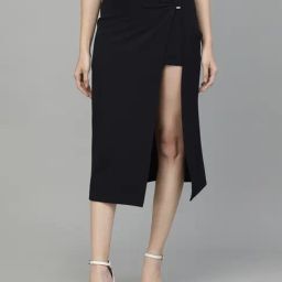 KASSUALLY Blue Solid Midi Skirt-image-28