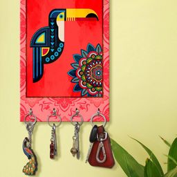 999Store Unisex Red & Blue Decorative Mandala And Parrot Printed Key Holder With 4 Hooks-image-2