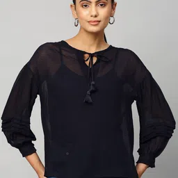 Chemistry Navy Blue Tie-Up Neck Drop Shoulder Top-image-34