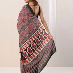 Libas Red Ajrakh Pattern Saree with Unstitched Blouse image 2