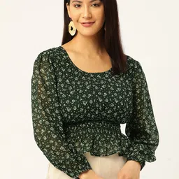 Slenor Floral Print Puff Sleeves Georgette Peplum Top-image-75