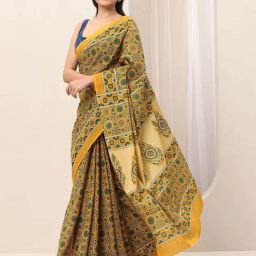 Libas Yellow Ajrakh Pattern Saree with Unstitched Blouse image 3