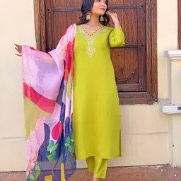 BAESD Floral Embroidered V-Neck Straight Kurta With Trousers And Dupatta-picture-38