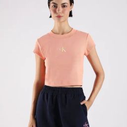 Calvin Klein Jeans Peach Cotton Slim Fit Self Pattern T-Shirt-picture-4