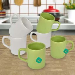 Urban Chef White & Parrot Green Ceramic Droite Handcrafted Microwave Safe Cup - Set of 6-44