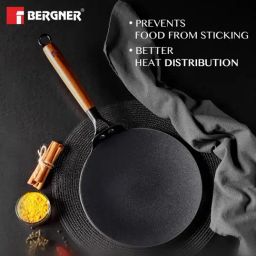 Bergner Black Odin Cast Iron Roti Tawa with Wooden Coated Handle & Induction Bottom (26cm) image 4
