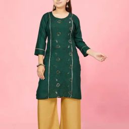 Aarika Kids Green & Fawn Beige Cotton Embroidered Kurti Set-image-47
