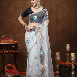 Stylum Grey Printed Saree With Unstitched Blouse-picture-11