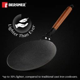 Bergner Black Odin Cast Iron Roti Tawa with Wooden Coated Handle & Induction Bottom (26cm) image 5