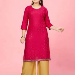 Aarika Kids Rani Pink & Fawn Beige Cotton Embellished Kurti Set-image-81