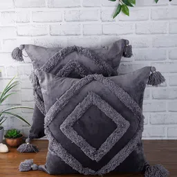 eyda Set of 2 Grey Textured Square Velvet Sustainable Cushion Covers-10