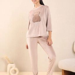 Sweet Dreams Beige Embroidered T-Shirt Pyjamas Set-picture-36