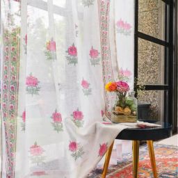 Urban Space Pink Polyester Printed Window Curtain with Eyelets & Tieback - Set of 2 (5 ft)-36