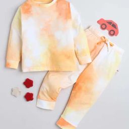 Bumzee Kids Orange & White Cotton Printed Full Sleeves T-Shirt Set-image-51