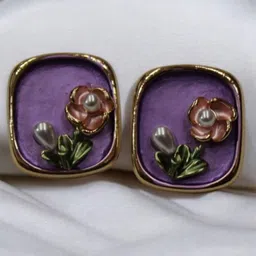 ADC SHEMONA Gold-Plated Square Shaped Floral Artificial Stones Studded Studs-7