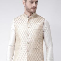 DEYANN Men Beige & Golden Woven Design Jacquard Silk Nehru Jacket with Pocket Square-16