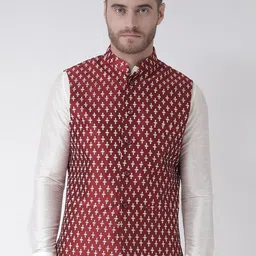 DEYANN Men Red & White Printed Woven-Design Nehru Jacket-2