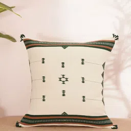 JAYPORE White And Green Geometric Cotton Square Cushion Cover-image-1
