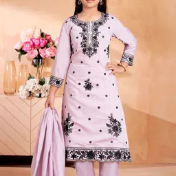 BAESD Girls Floral Embroidered Regular Pure Silk Kurta with Trousers & With Dupatta-image-97