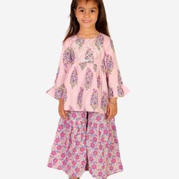 Superminis Three Fourth Sleeves FloralMotif Kurti Sharara Set - Pink-image-24
