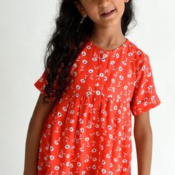 Campana 100% Cotton Half Sleeves Seamless Flowers Printed Tunic Top - Red-picture-8