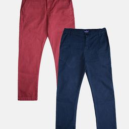 Kiddopanti Pack Of 2 Solid Button Down Pants - Maroon & Navy Blue-image-78