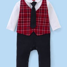 Babyhug Cotton Full Sleeves Romper With Tie Checkered - Red & Black-image-2