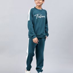 Lil Tomatoes Full Sleeves Placement Text Printed Light Weight Cotton Looper Track Suit - Teal Blue-picture-5