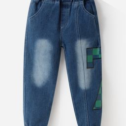 Kookie Kids Denim Washed Jeans with Text Print - Blue-image-30