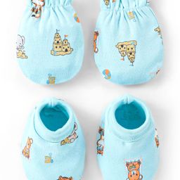 Babyhug 100% Cotton Mittens & Booties Animal Print - Blue-image-0