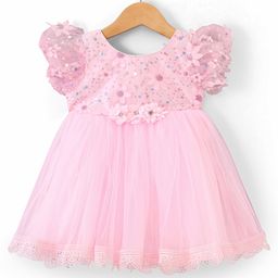 Babyhug Woven Half Embellished Sleeves Fit and Flare Party Frock with Sequined Yoke and 3D Applique - Pink-image-73