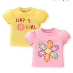 Babyoye Cotton Knit Half Puffed Sleeves Tops with Floral & Text Print - Pink & Yellow-image-79